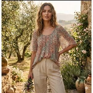 American Rag Blouse Womens Multicolor Pleated Scoop Neck Boho Flowy SZ. L